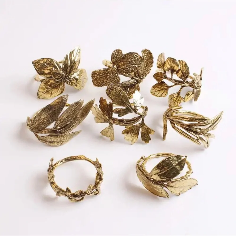 Set of 8 Rustic VTG look Brass Leaf Herb Napkin Holder Ring wedding dinner party